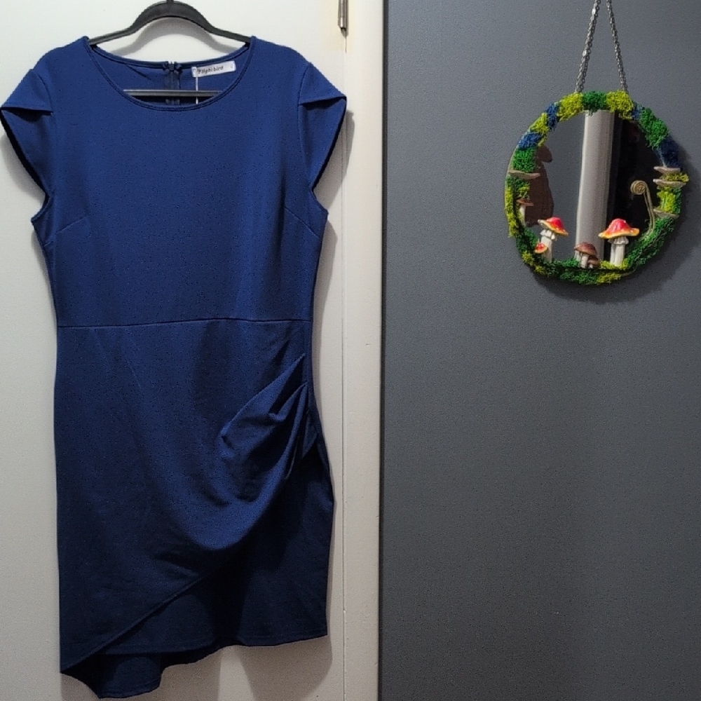 Blue Asymmetrical Sheath Dress with Cap Sleeves